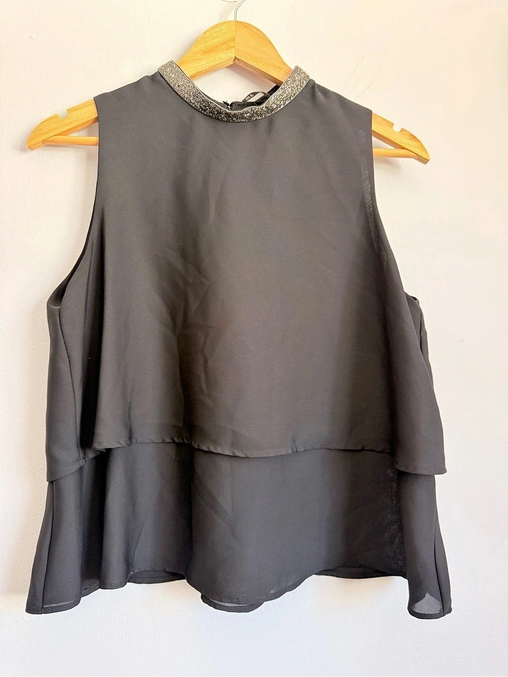 Zara Basic Collection Beaded Neckline Blouse in Black Size Medium NWOT